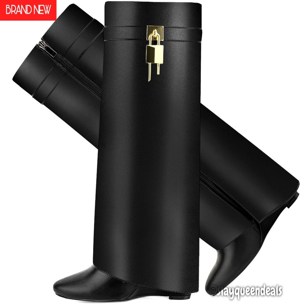 Women's Pointy Toe Over Knee Boots Wedge Heel Pull On Side Zipper